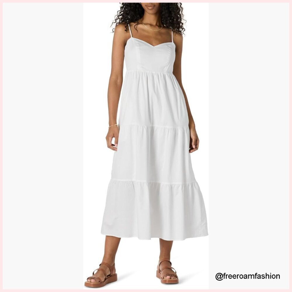 Fit & Flare Empire Waist Cotton Sateen Maxi Dress Tiered V-Neck